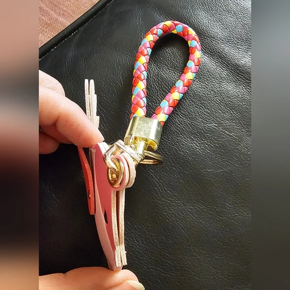 Colorful Pink Bird Vegan Leather Air Tag Holder Keychain with Braided Strap NWOT - Picture 6 of 9